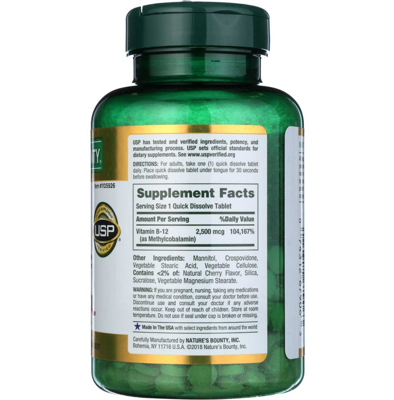 Nature's Bounty Vitamin B12 2500mcg all supplement facts