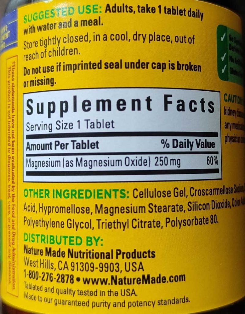 Nature Made 250mg Magnesium Oxide Supplement Facts