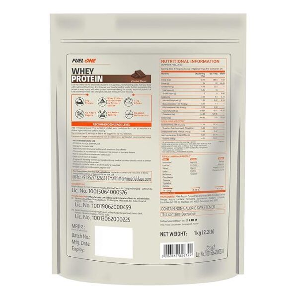 MuscleBlaze Fuel One Whey Protein Powder 1kg Chocolate Flavor back