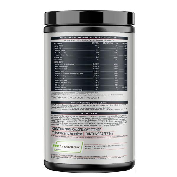 MuscleBlaze Wrath X Pre Workout with Caffeine Creatine Monohydrate-500g back