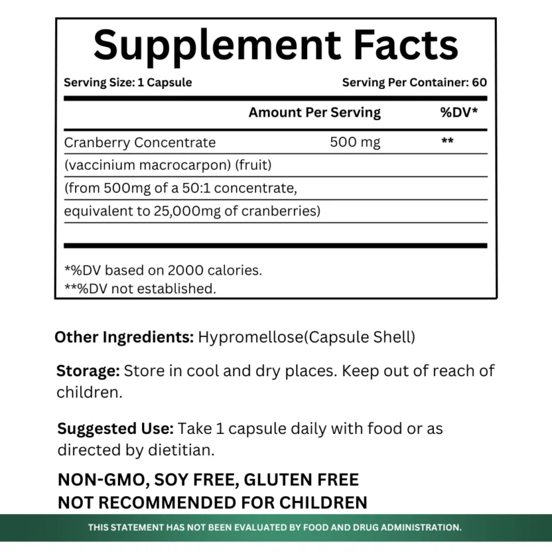 Naptocare Cranberry Capsule Supplement Facts