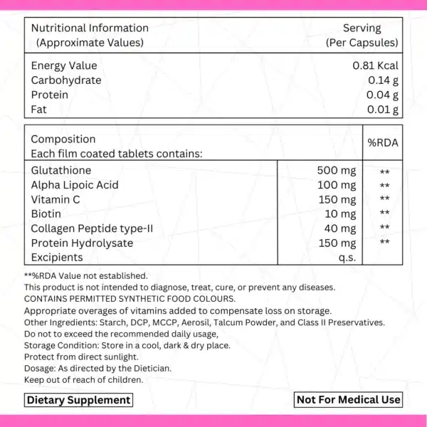 Glutathione 500mg Nutritional Information