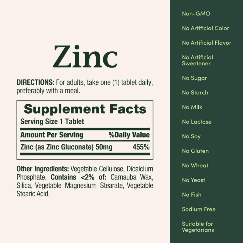 Nature's Bounty Zinc 50mg 100 Tablets Supplement Facts