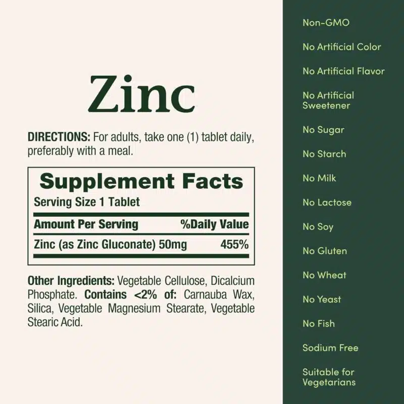 Nature's Bounty Zinc 50mg 100 Tablets Supplement Facts