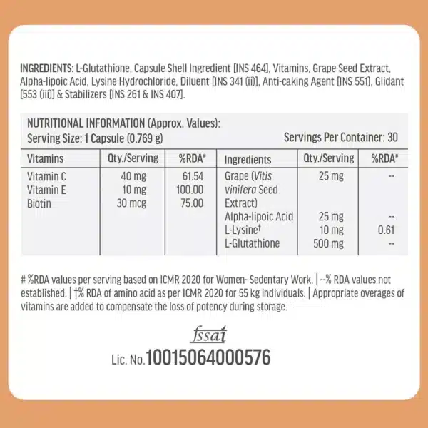 Hk Vitals Glutathione with Vitamin C and E Supplement Facts