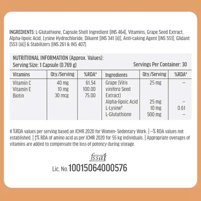 Hk Vitals Glutathione with Vitamin C and E Supplement Facts